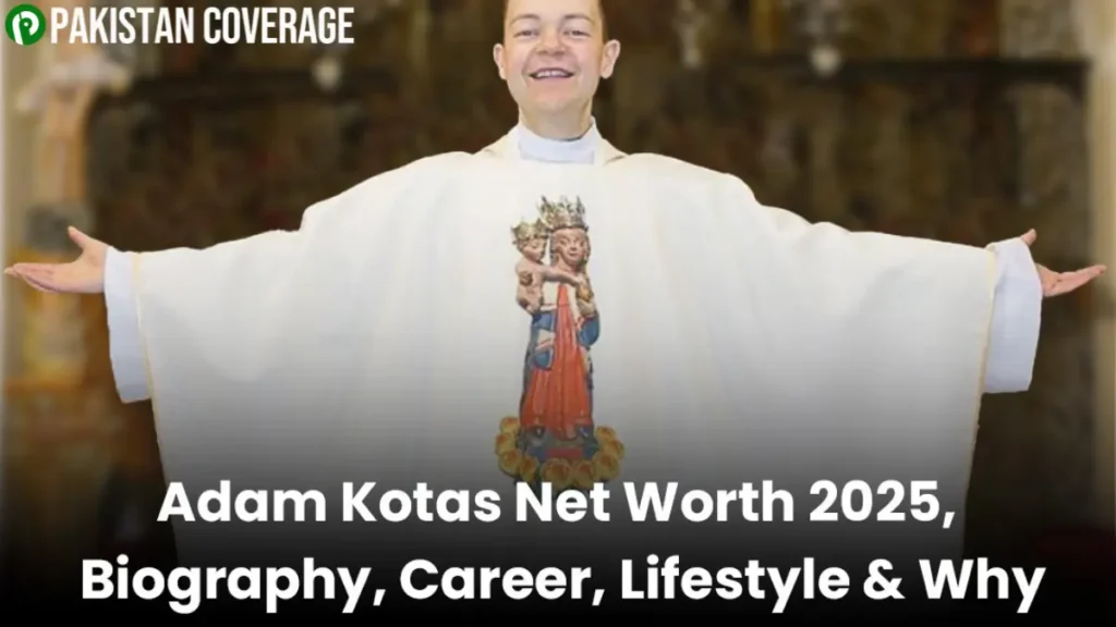 Adam Kotas preaching passionately in front of a smartphone camera, surrounded by digital social media icons, blending traditional church imagery with a modern cityscape.