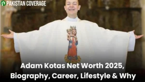 Adam Kotas preaching passionately in front of a smartphone camera, surrounded by digital social media icons, blending traditional church imagery with a modern cityscape.