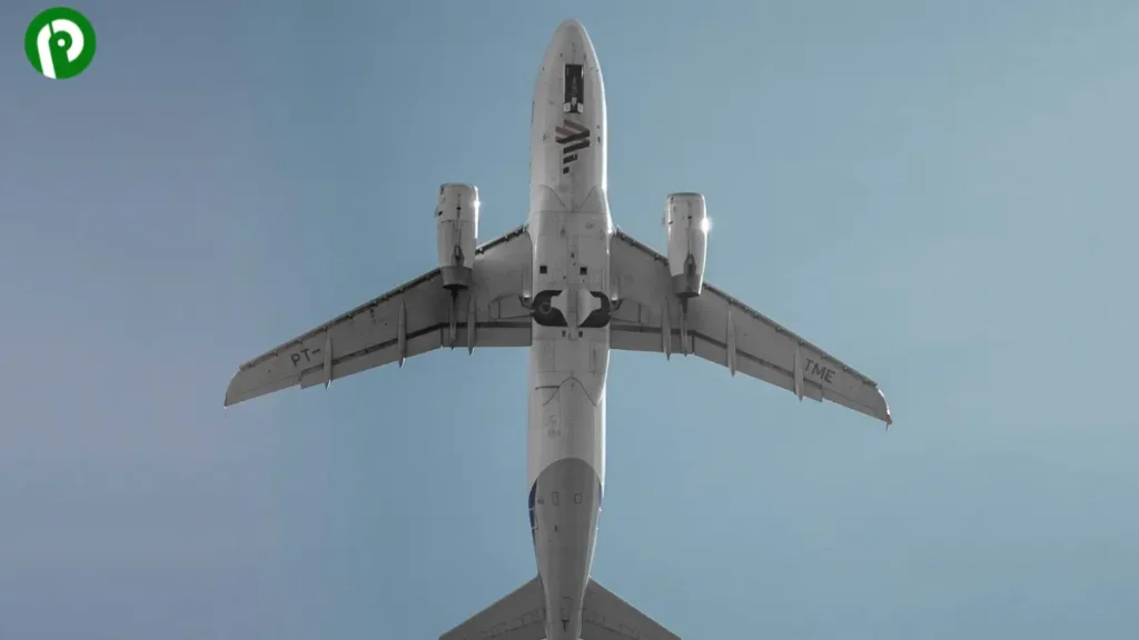 A Boeing 737 aircraft representing a wingspan close to 100 feet