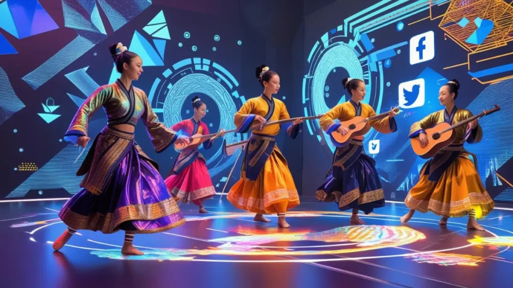  Folk performers surrounded by digital elements symbolizing Tsunaihaiya’s online revival.