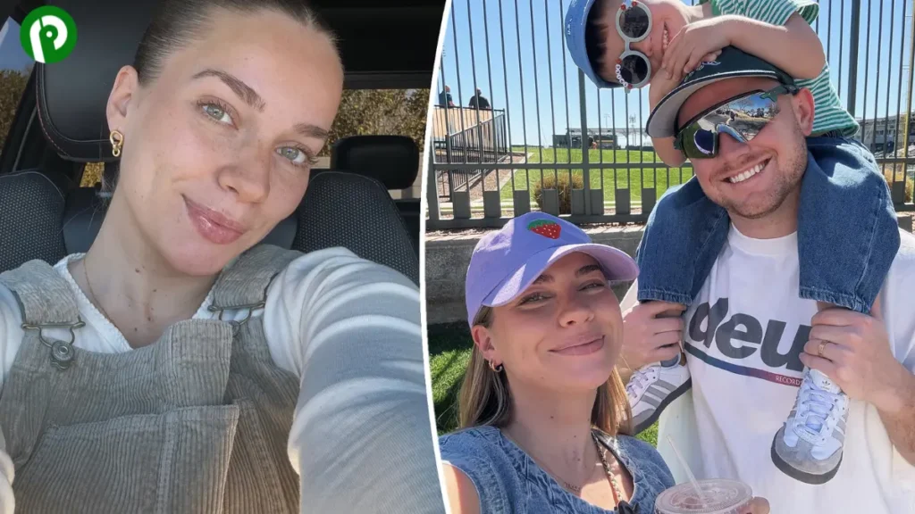 A candid shot of Emilie Kiser smiling in a relaxed moment, paired with a family photo showing her, her husband, and their children enjoying time together.