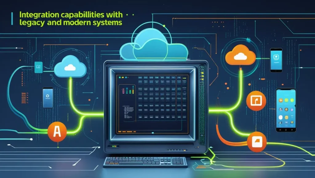 Illustration of legacy computer systems connected to modern digital platforms like cloud computing, mobile apps, and AI, symbolizing seamless integration and data flow.