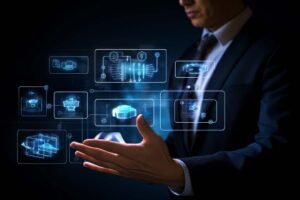 Futuristic digital interface representing SOA OS23 powering AI, cloud computing, and business automation.