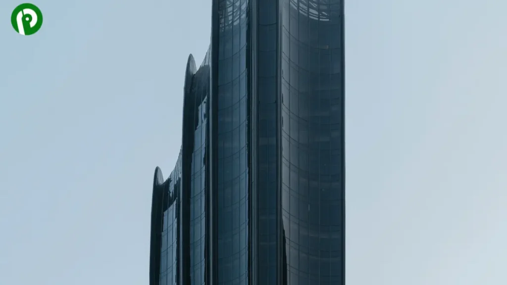 Tall building rising into the sky, representing a height of approximately 100 feet