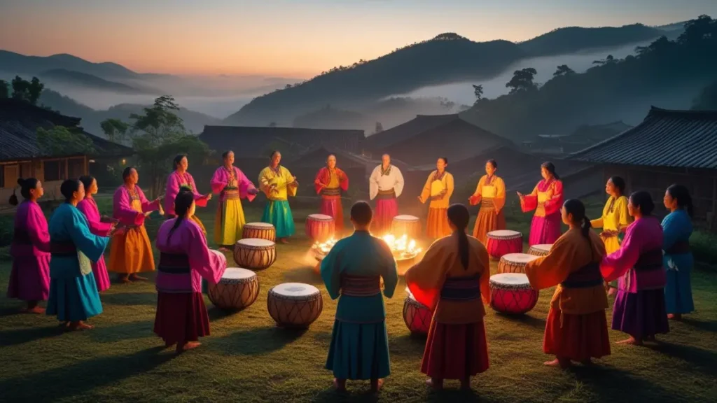 Villagers performing the traditional Tsunaihaiya chant in a rural setting.


