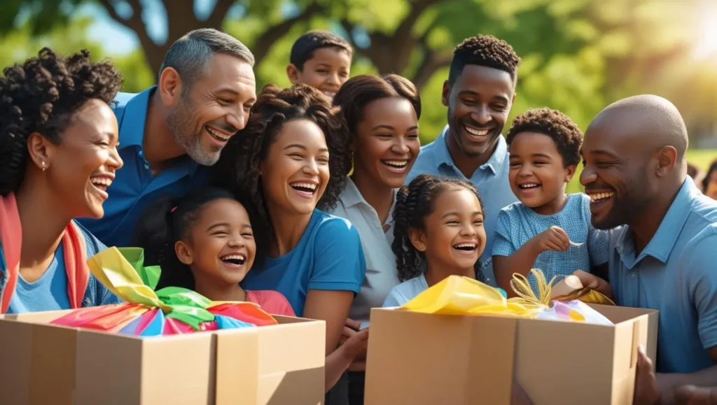 Diverse group of parents and children enjoying giveaways on Look What Mom Found together.