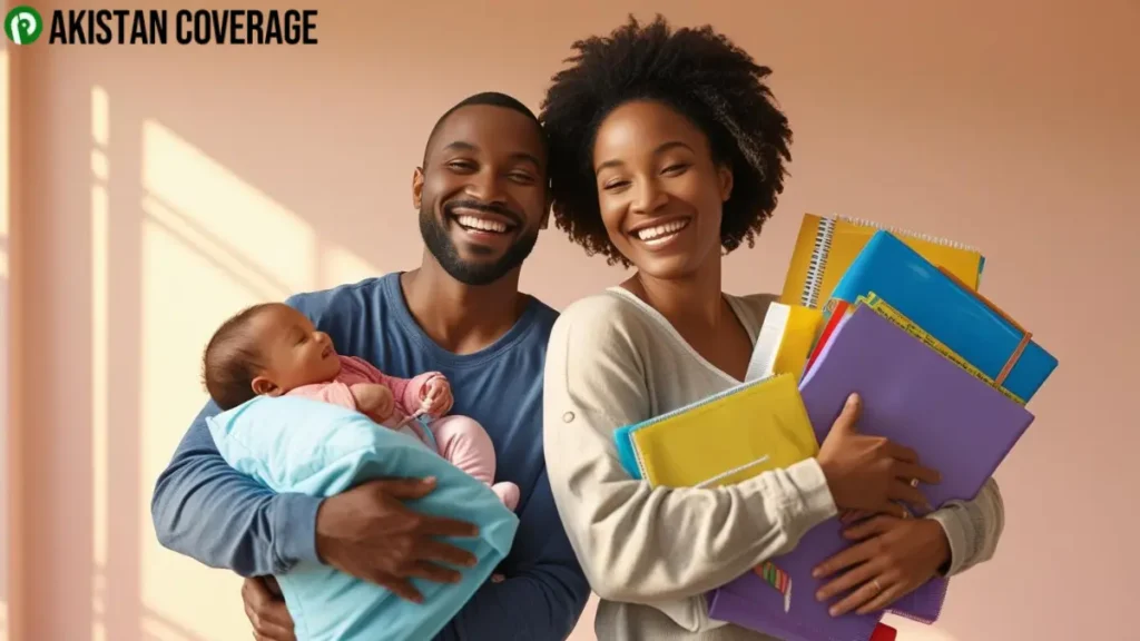Happy parents saving money with giveaways, holding baby gear and school supplies