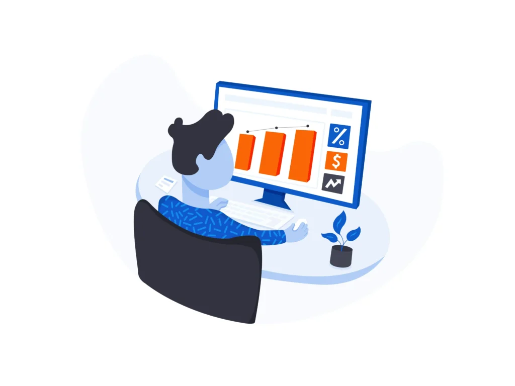 Illustration of a person analyzing digital marketing data and conversion charts on a computer screen.