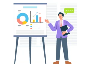 Illustration of a marketing professional presenting full-funnel digital marketing analytics on a board, with charts and graphs.