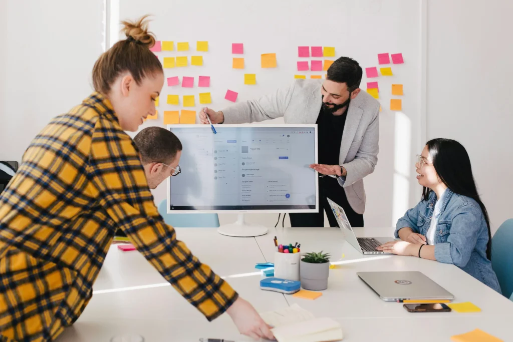 Illustration of a diverse team following a digital SOP checklist in a modern office setting for operational efficiency