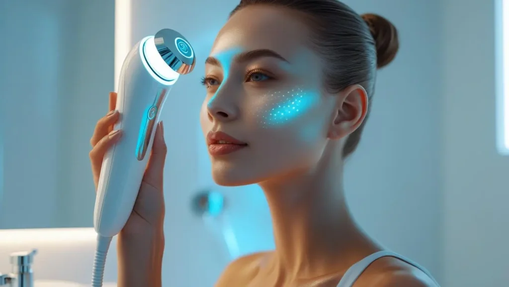 Woman using the SkinPres T futuristic skincare device at home in 2025 with glowing skin and modern beauty technology.
