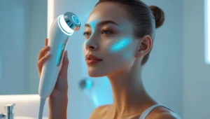 Woman using the SkinPres T futuristic skincare device at home in 2025 with glowing skin and modern beauty technology.