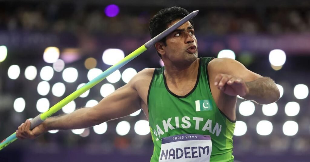 Arshad Nadeem in action during javelin throw – Arshad Nadeem athletic achievements showcased at Paris 2024 Olympics