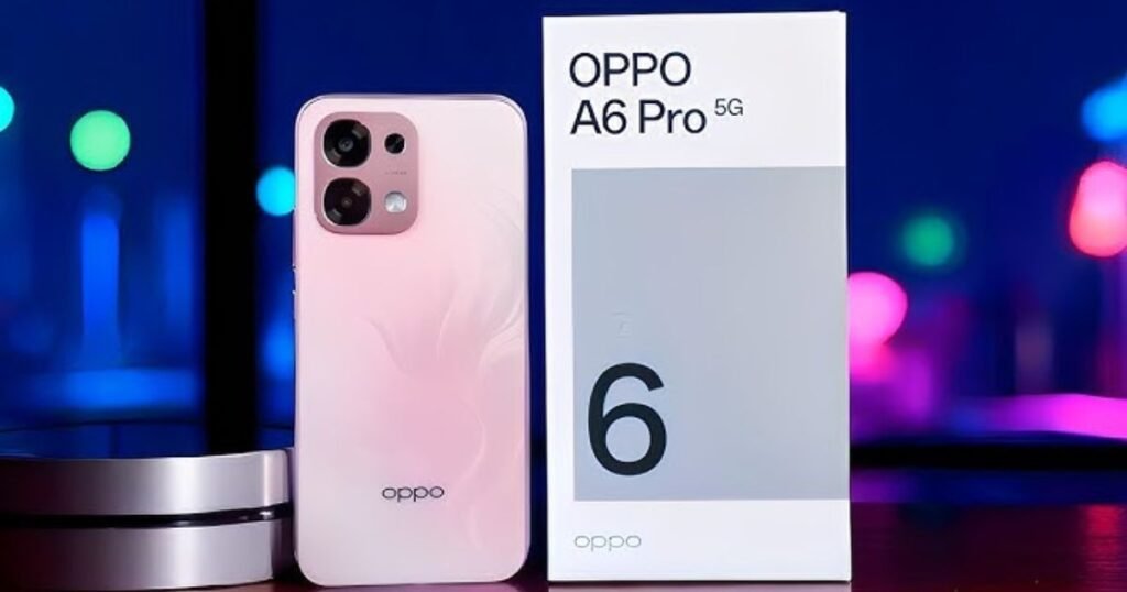 Oppo A6 Pro 5G design and build quality showing pink rear panel with dual camera setup and retail box