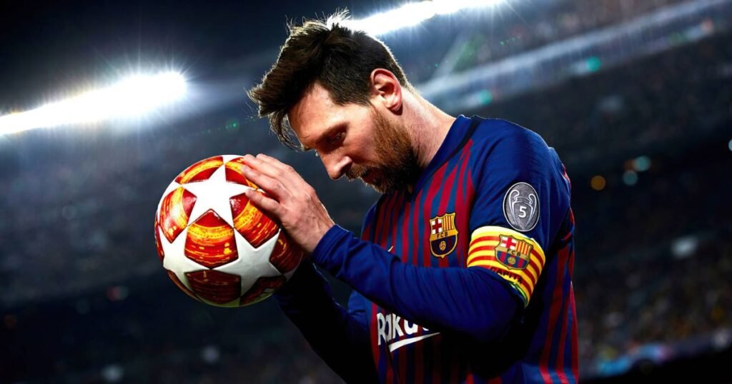 Lionel Messi career – Barcelona legend holding Champions League ball with focus and determination.
