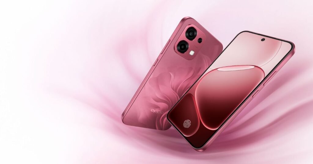 Oppo A6 Pro smartphone showing front display and rear design in pink color with dual camera setup