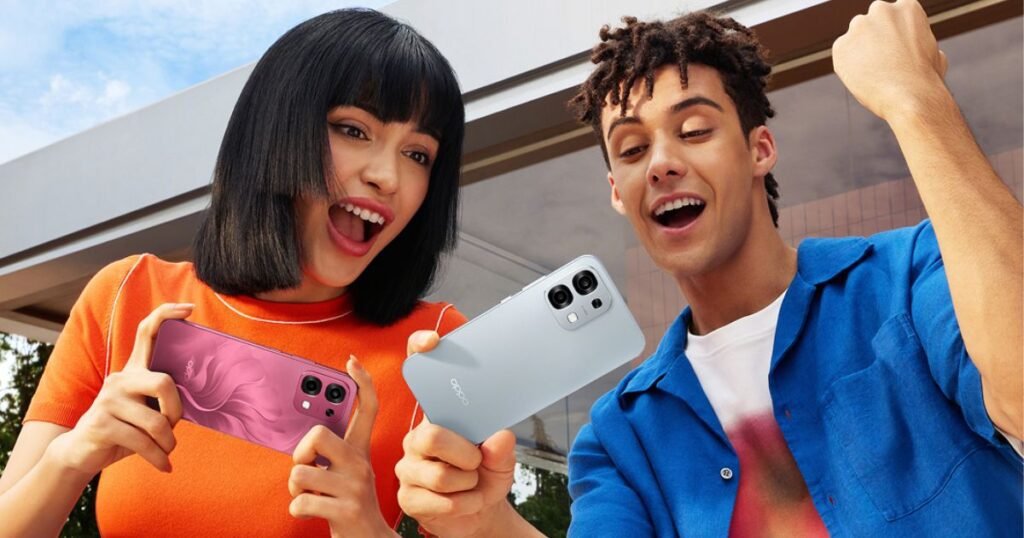 : Two excited young people enjoying the fast performance of the OPPO A6 Pro smartphone.