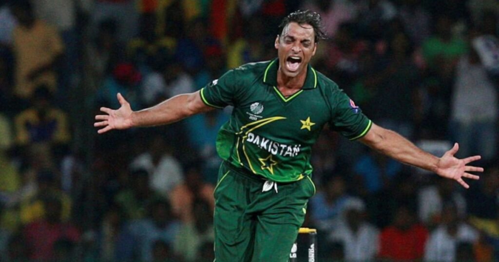 Shoaib Akhtar shouting in celebration after taking a wicket in a high-energy moment during a match.