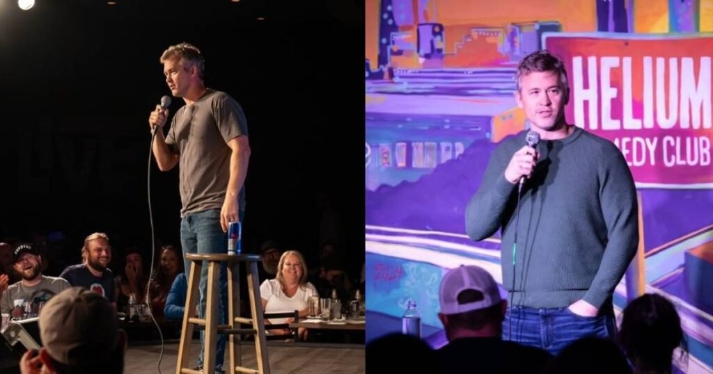 Matt McCusker performing stand-up comedy on stage in two different venues, engaging with live audiences.