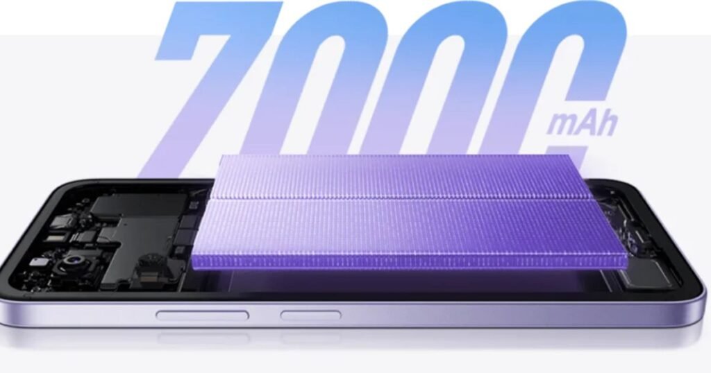 A smartphone image showing internal components and a large 7000mAh battery graphic in the background, highlighting the device's high-capacity battery.
