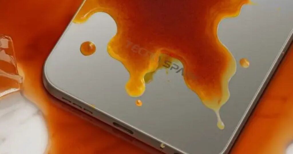 Smartphone covered with liquid, demonstrating resistance.