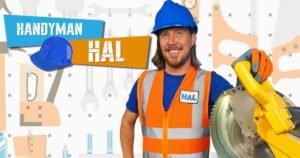 Handyman Hal smiling in safety gear holding a circular saw, representing his $20 million net worth success from YouTube and educational content.