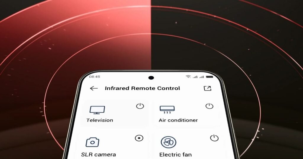 Smartphone screen showing Infrared Remote Control options for Television, Air Conditioner, SLR Camera, and Electric Fan.