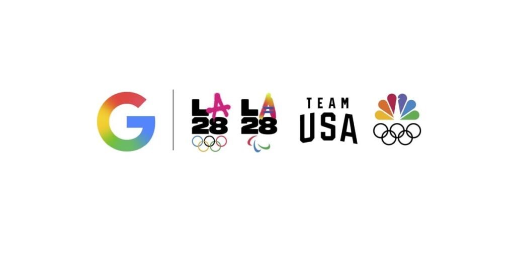 Logos of Google, LA28 Olympics and Paralympics, Team USA, and NBC, representing the collaboration for the 2028 Los Angeles Olympic Games.
