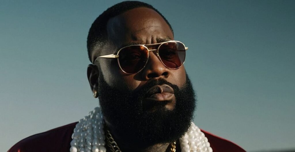 Rick Ross posing in sunglasses and pearls, symbolizing his luxury real estate investments