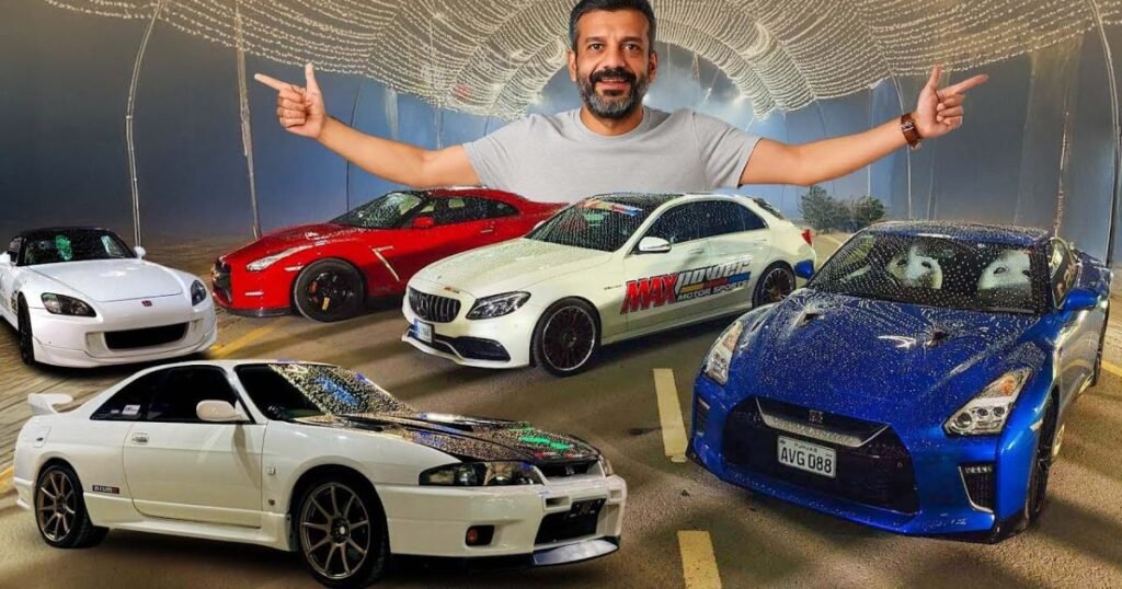 Suneel Sarfraz Munj posing with his impressive car collection, including Mercedes, Nissan GTR, Honda S2000, and BMW models.