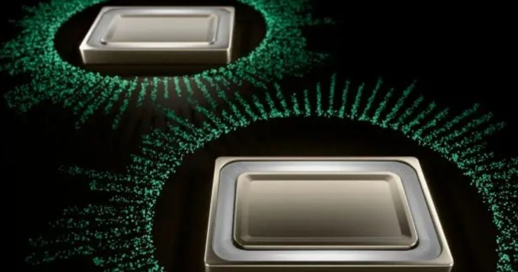 Dual stereo speaker components with sound wave graphics.