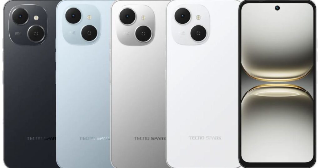 Tecno Spark 40C color options in Ripple Blue, Titanium Gray, Ink Black, and Veil White