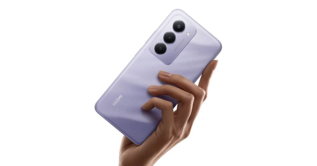 Xiaomi Redmi 15 sleek design and display options in elegant lavender finish.